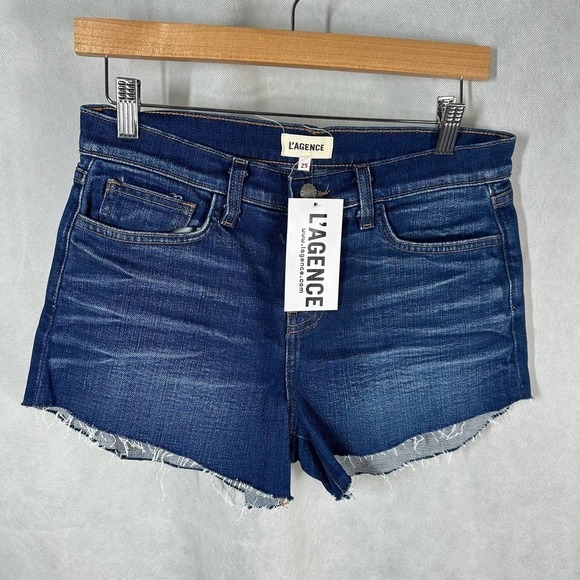 L’AGENCE Audrey Mid Rise Blue Denim Raw Hem Fray Short Size 25 - Picture 8 of 8